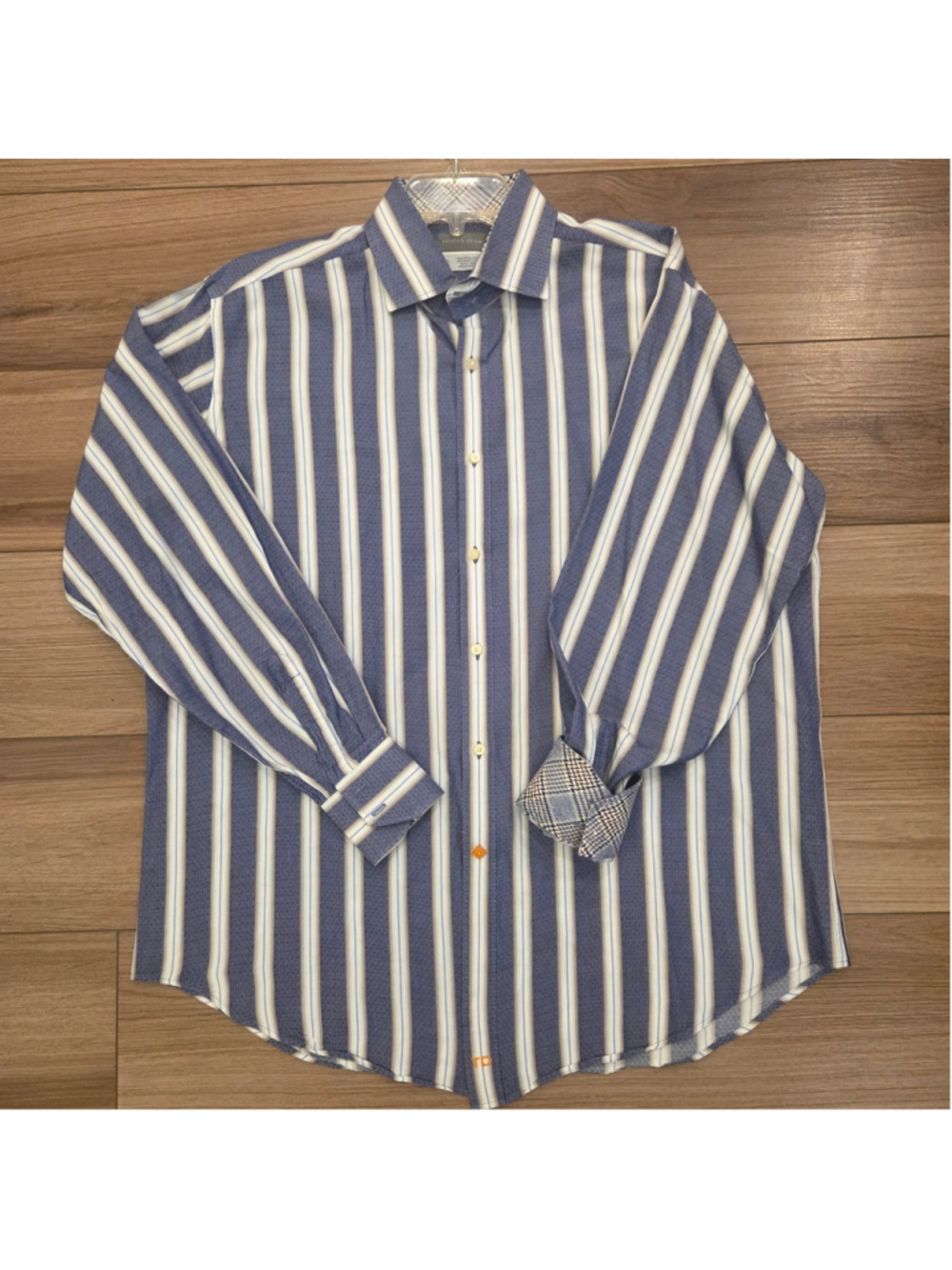 Men's Thomas Dean Dress Shirt XL Blue White Striped Long Sleeve